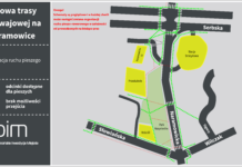 Dodatkowe oznakowanie dla pieszych i rowerzystów na placu budowy tramwaju na Naramowice